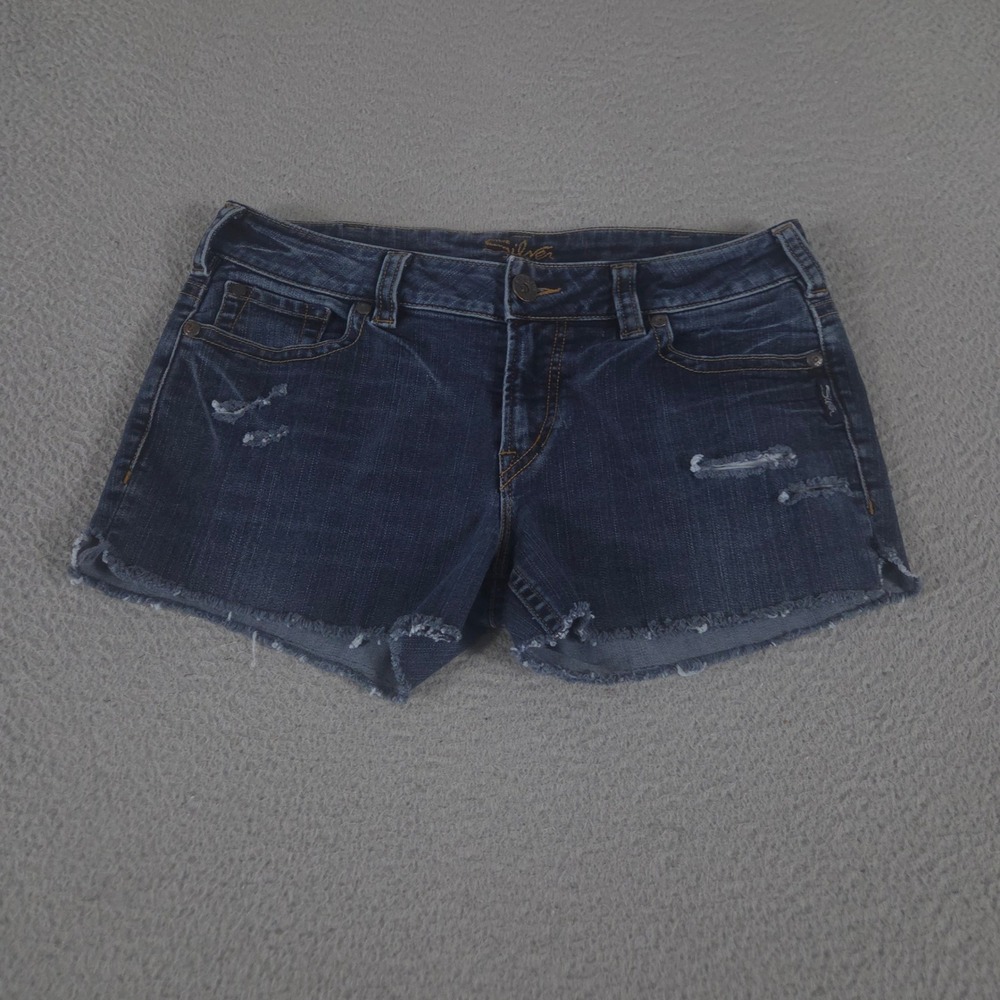 Silver Jeans Shorts Womens 33 Dark Blue Suki Distressed Frayed Hem Denim Cutoffs